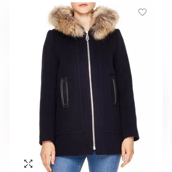 SANDRO Jovan Fur-Trim Coat in Dark Navy Blue Size 36 Small - Picture 1 of 16